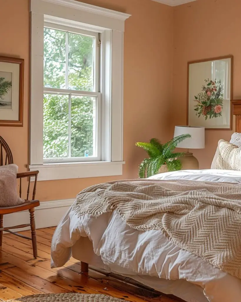 Floral walls and bedding beside a blooming plant