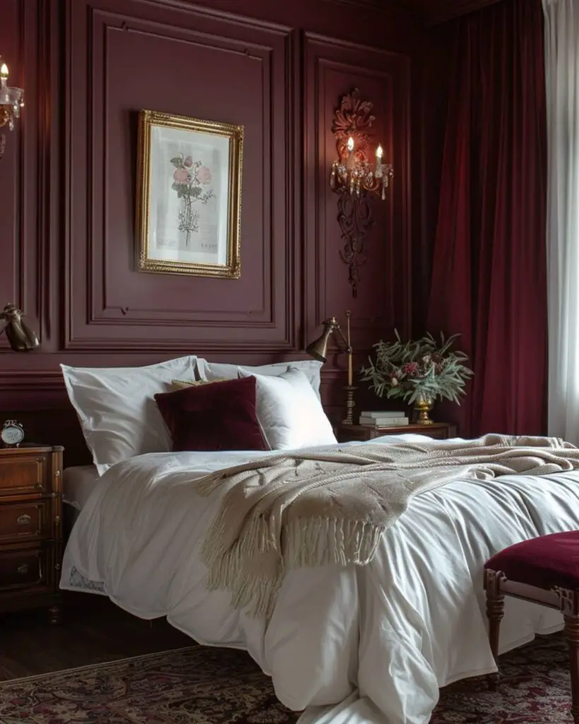 Red walls frame billowing white bedding adorned with blooms