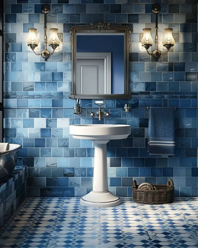 Vintage powder room sanctuary of floral tiles and light