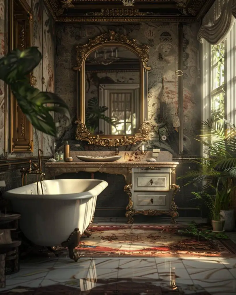 Vintage powder room sanctuary in floral tiles.