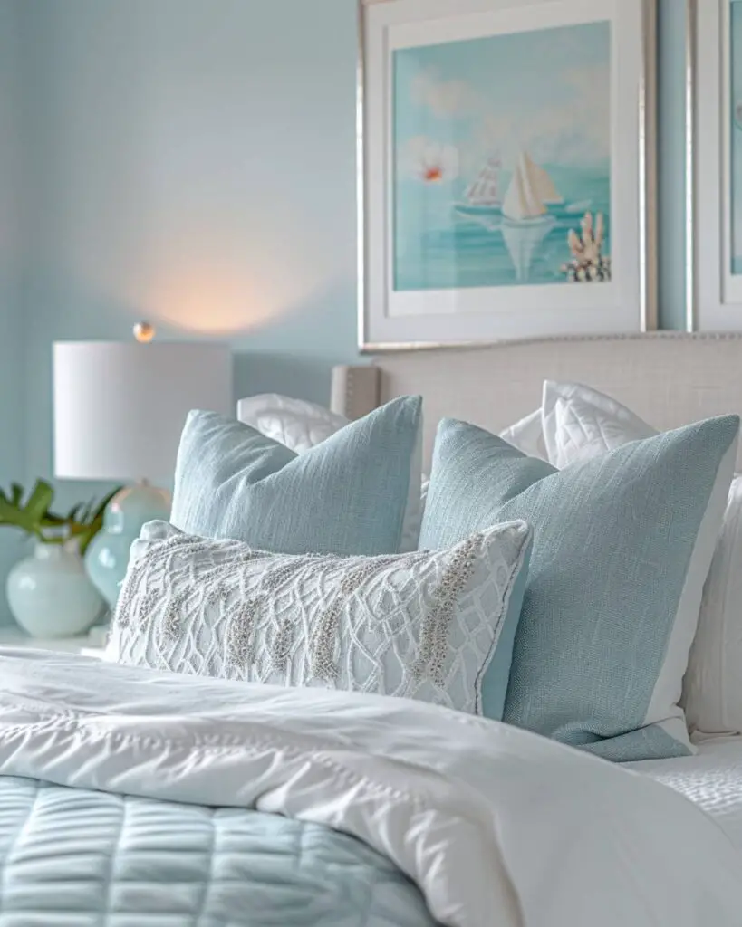 Blue walls, white bedding, sailboat art, patterned vase, light flooding in