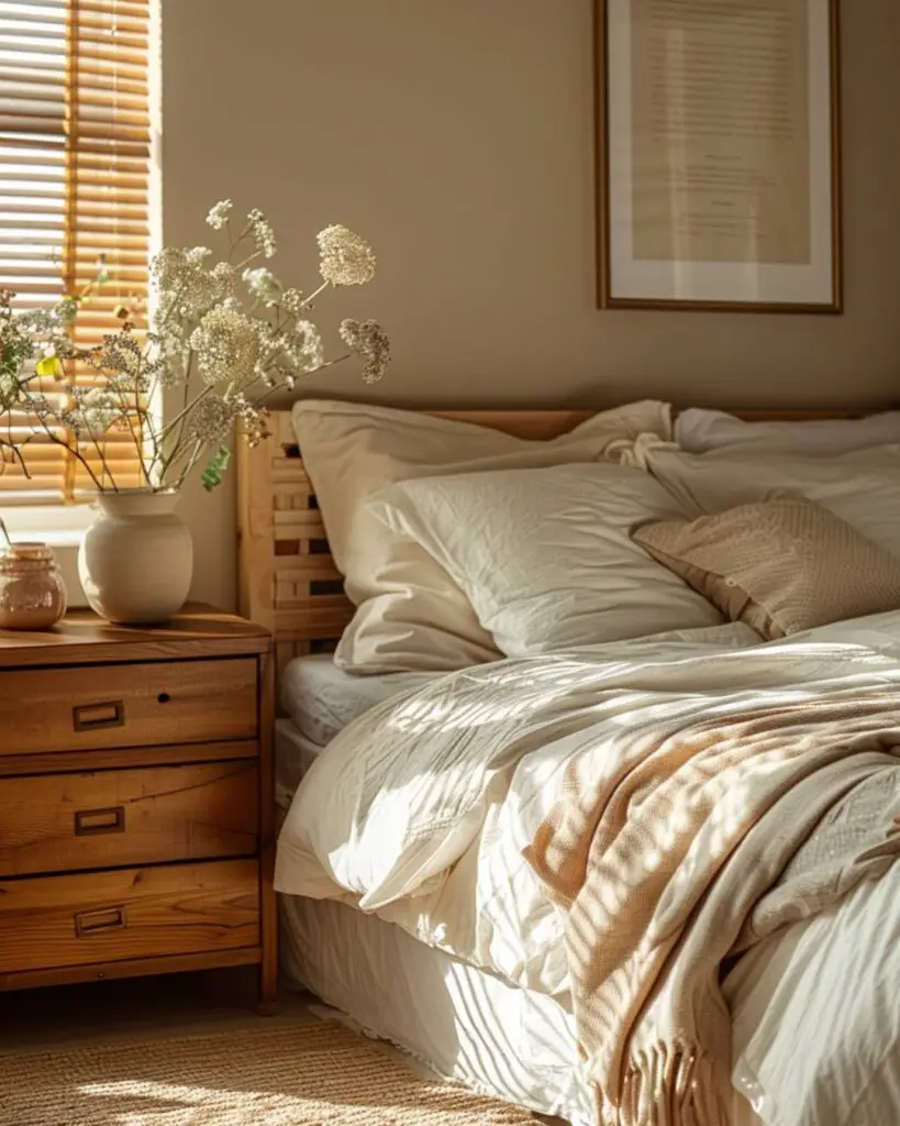 Beige walls, white bedding, flowers, window, carpet