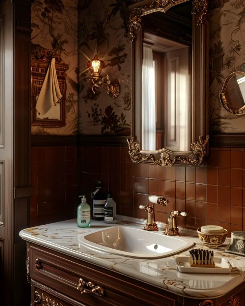 Vintage powder bath painted blooms and hex tiles.