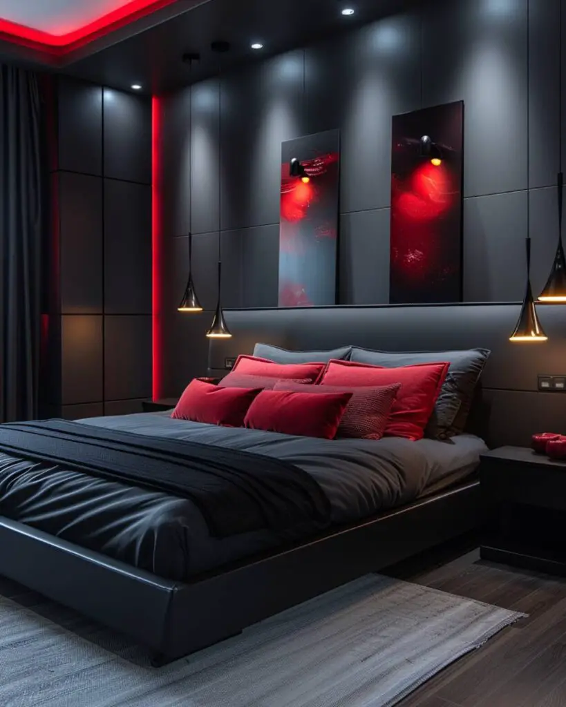 Dark bedroom, red bed, black art, sliding barn doors