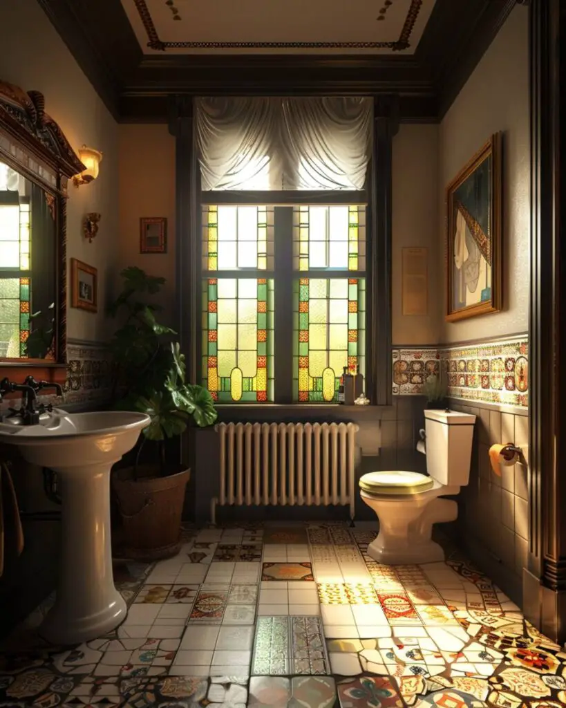 Powder room sanctuary in hex tiles and floral charm.