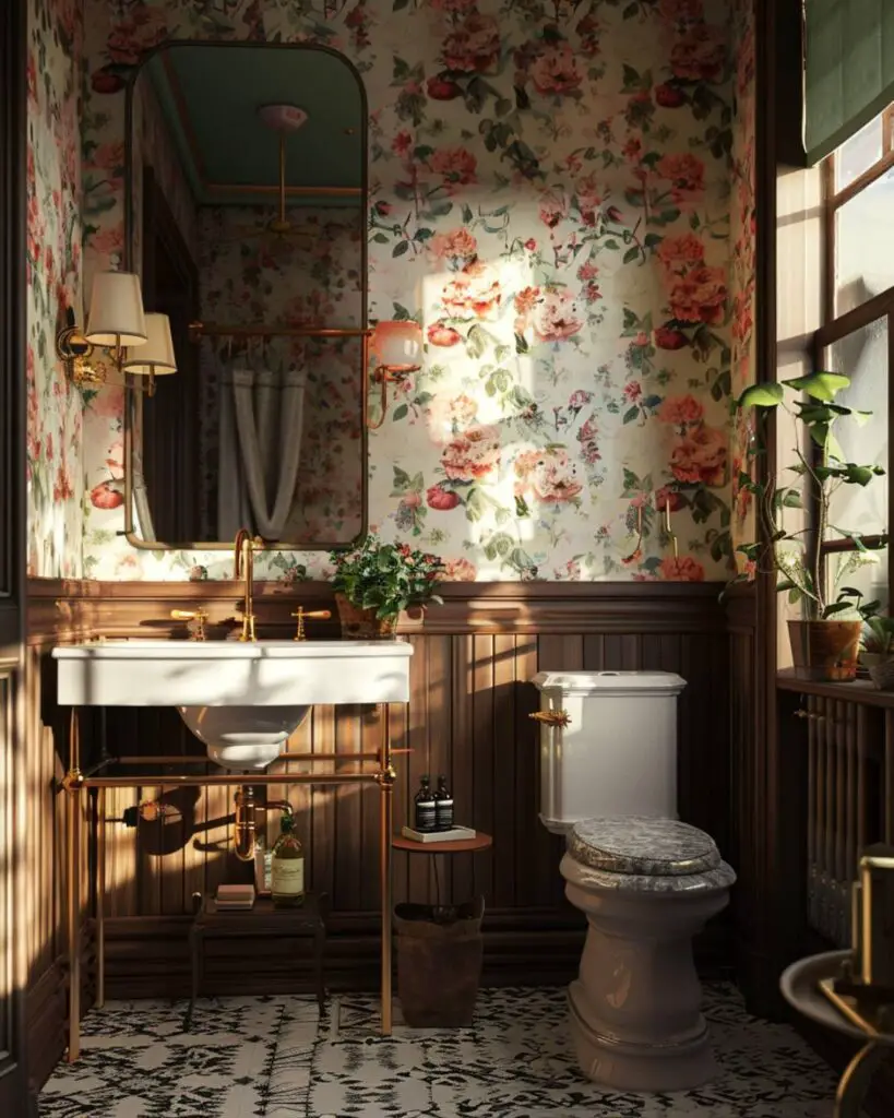 Vintage powder room serenity in floral tiles and light