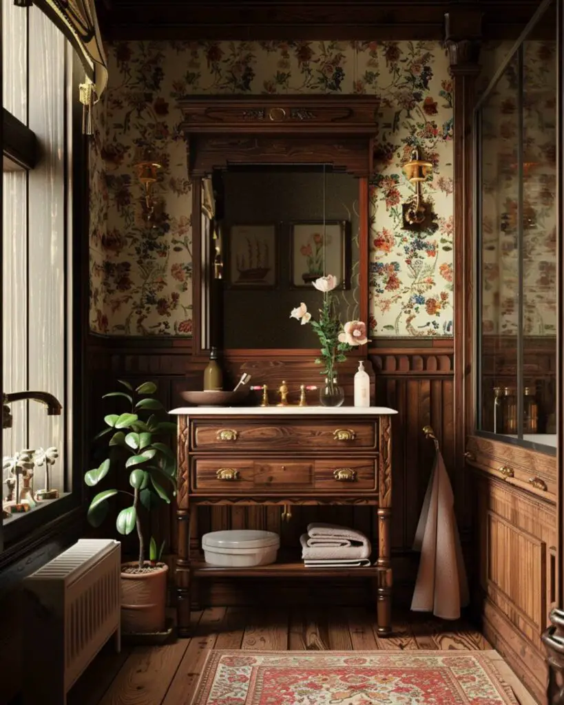 Vintage powder room serenity among floral tiles