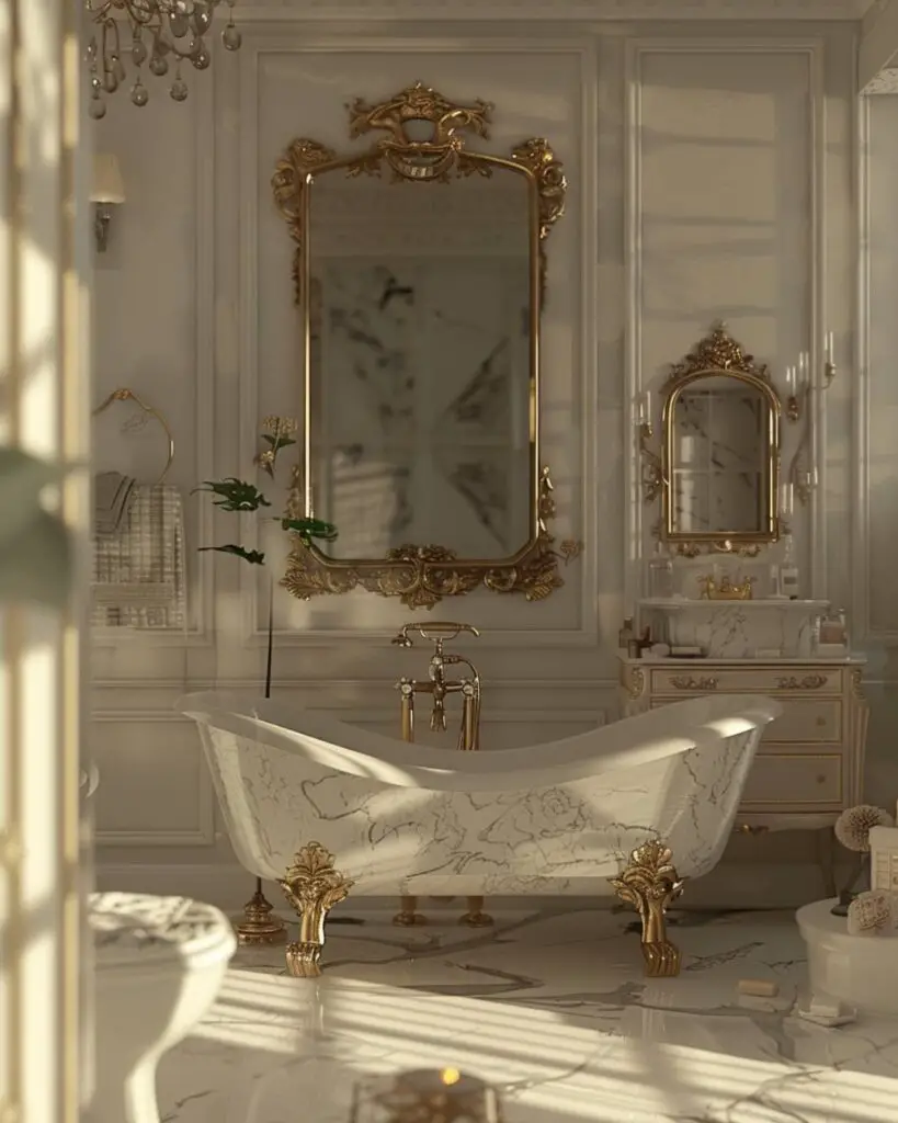 Vintage powder room sanctuary in floral charm and tiles.