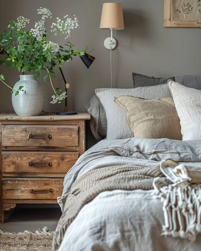 Blue walls, white bedding, flowers, painted wall
