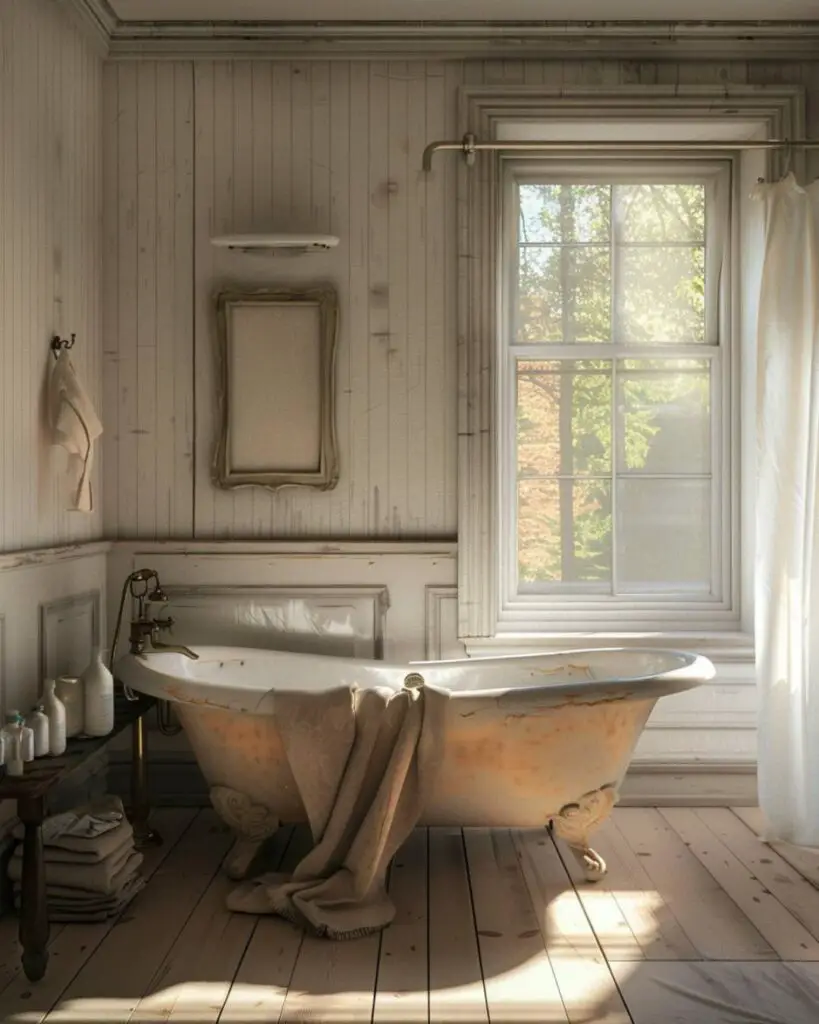 Vintage powder room calm in floral tiles and light