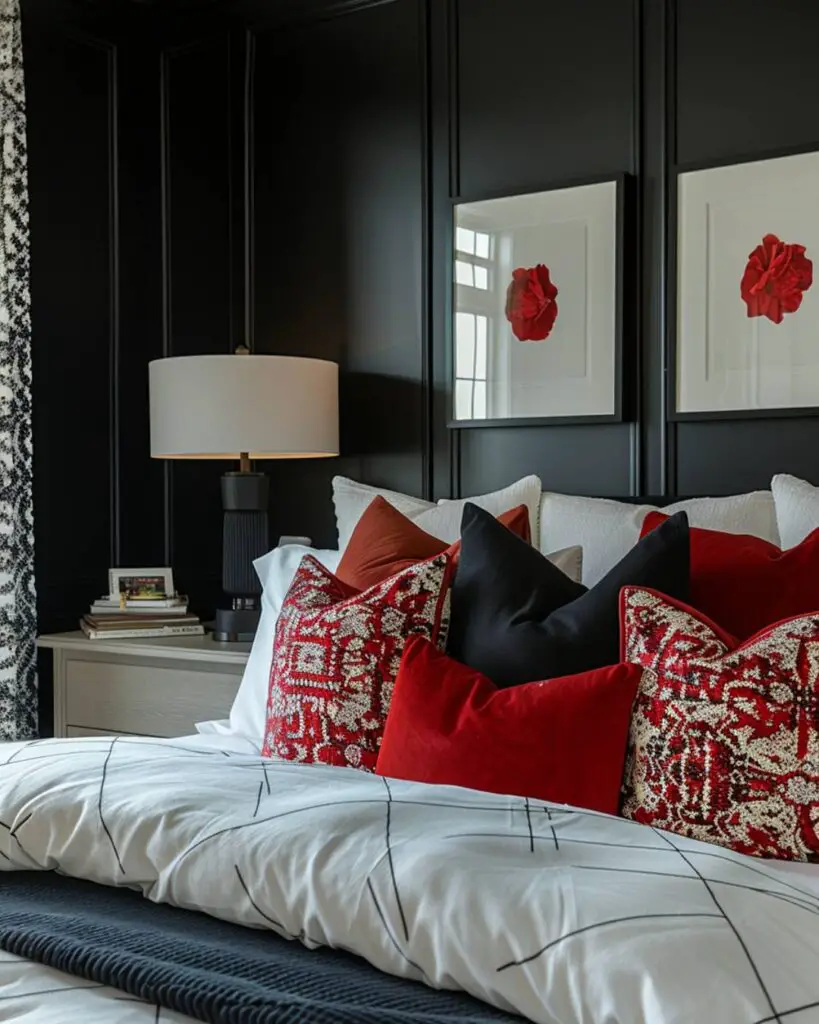 Black walls, cream bedding, silver accents, lamp, window curtains