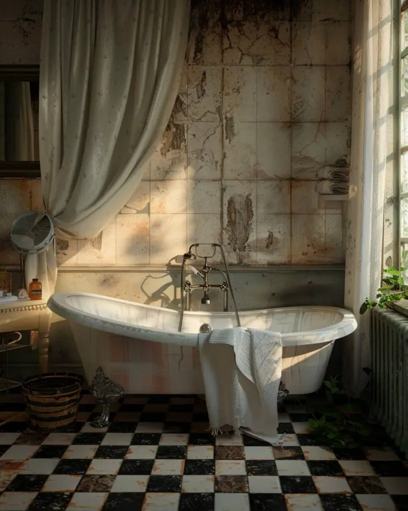 Vintage powder room serenity in floral tiles and light