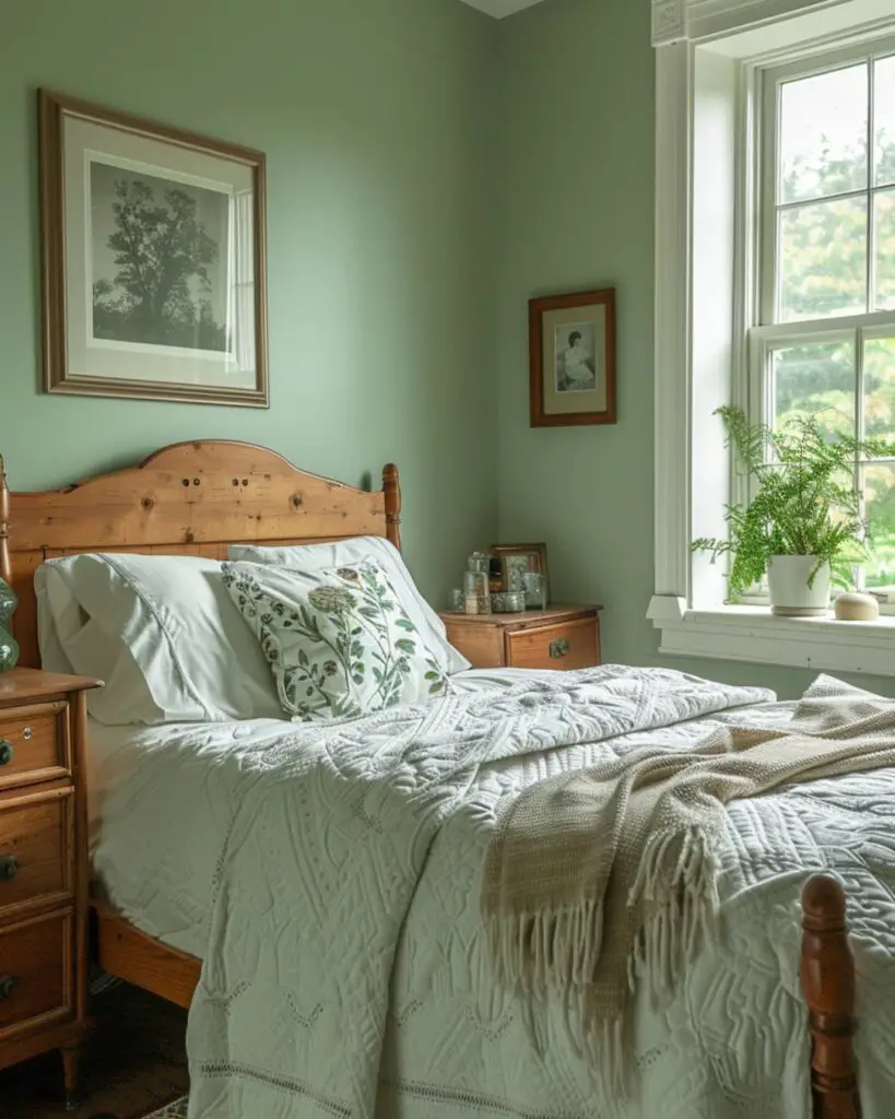 Green walls shelter pink bedding helding plants by a window of light.