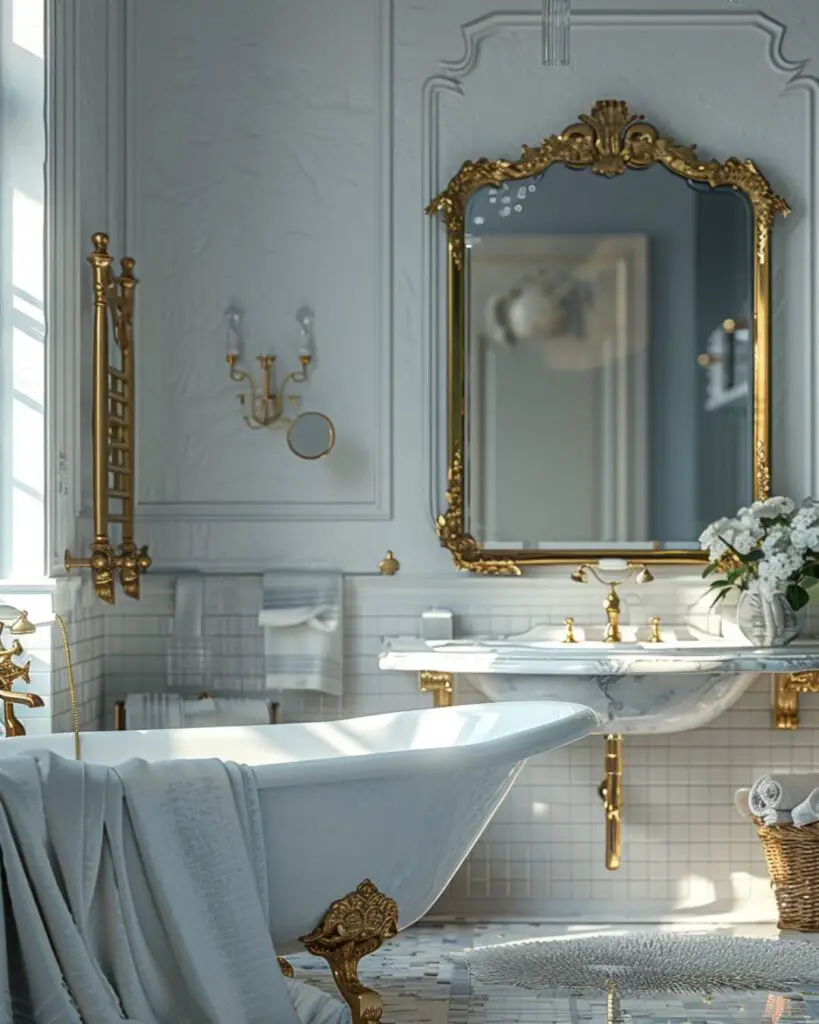 Vintage powder room sanctuary in floral tiles and light.