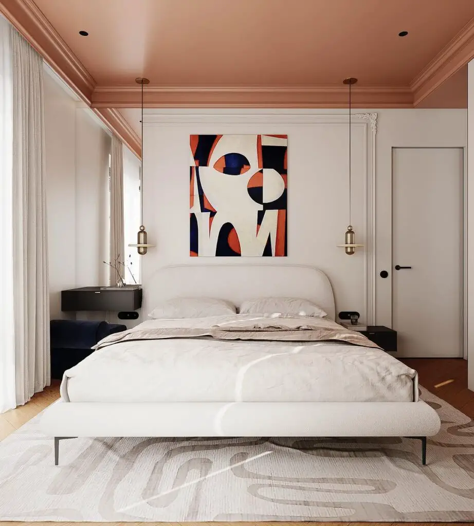 Minimalist bedroom with geometric art piece