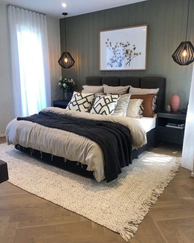 Stylish bedroom with hanging lights