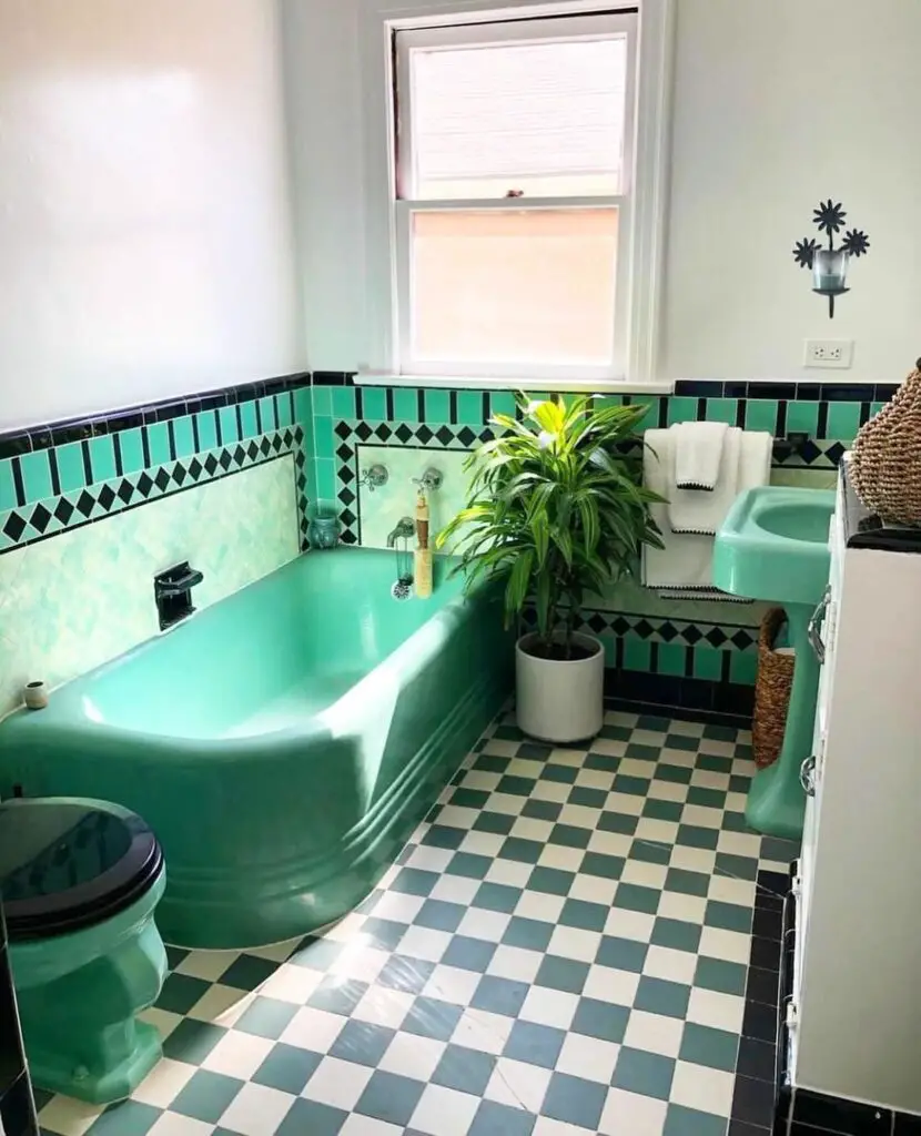 Vintage mint green bathroom checkered floor