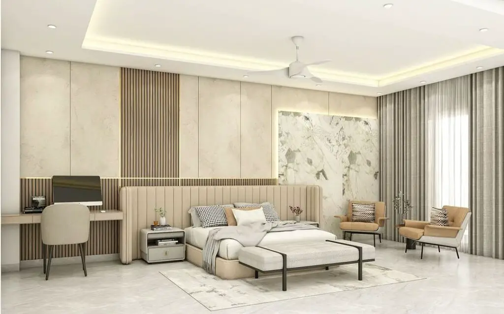 Luxurious beige bedroom with textured walls