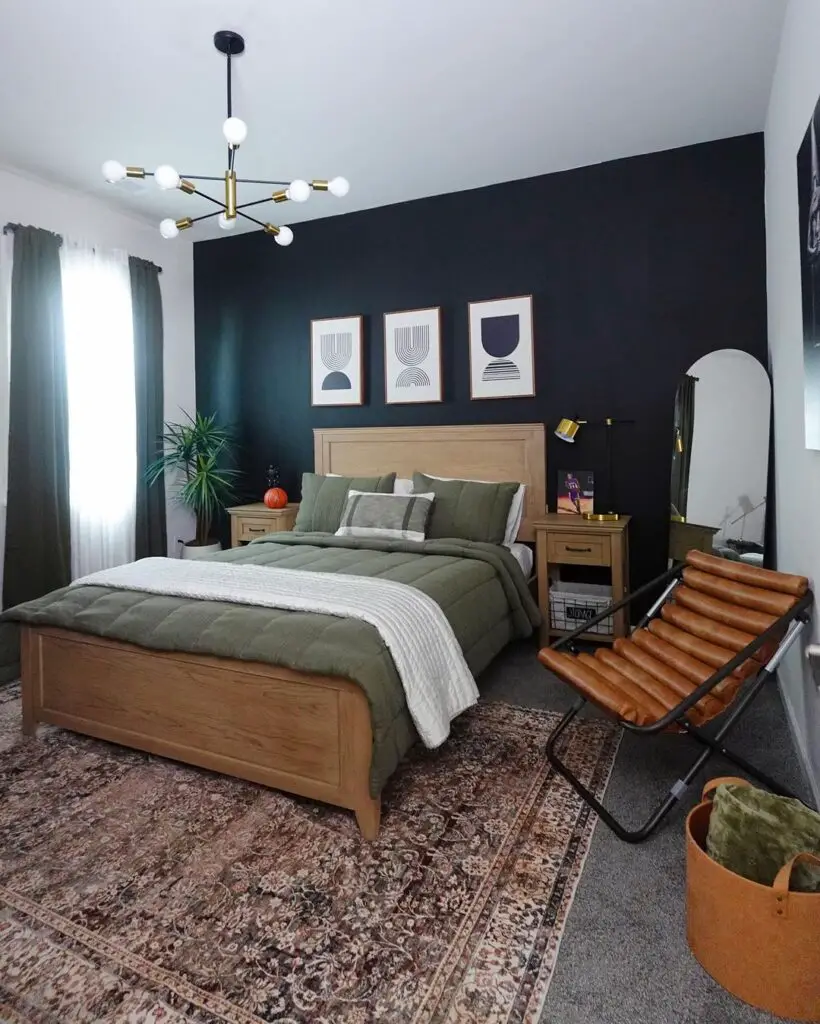 Modern bedroom with dark accent wall
