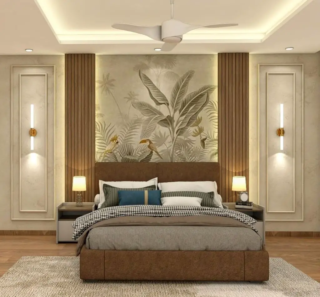 Neutral bedroom with tropical wall mural