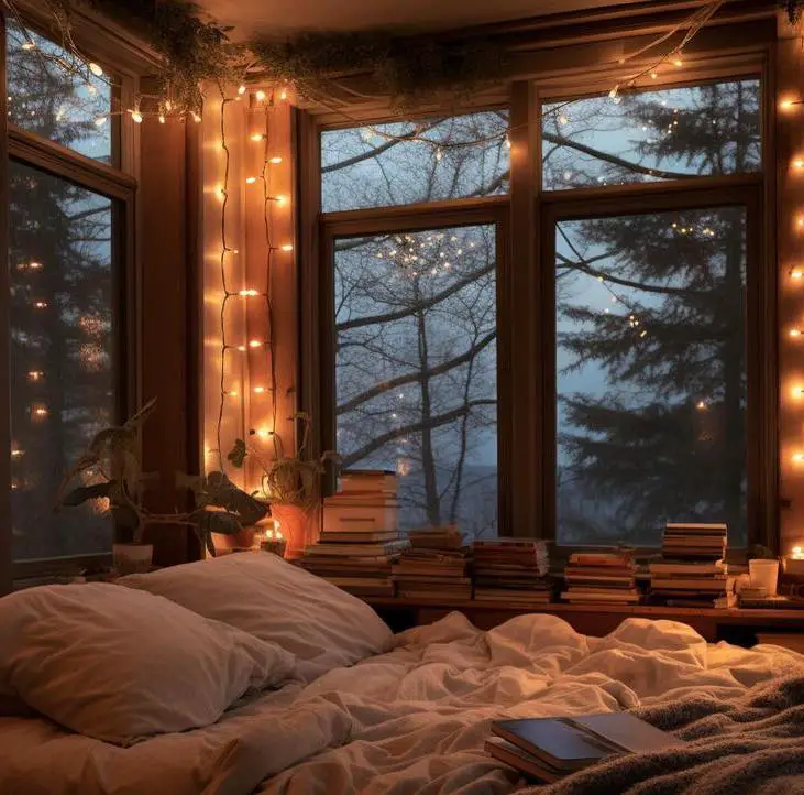 Cozy bed by window with books and lights