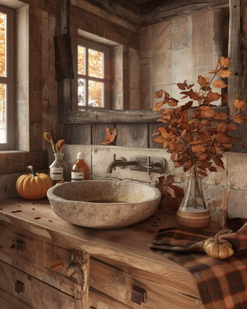 Decorated bathroom featuring fall wreath and harvest produce display.