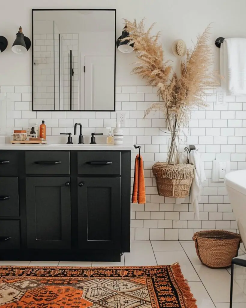 Bathroom filled with woven basket, florals and wood accents