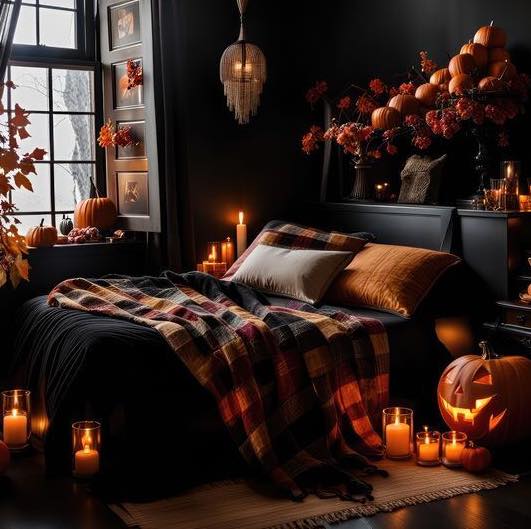 Candlelit autumn bedroom with pumpkins and plaid