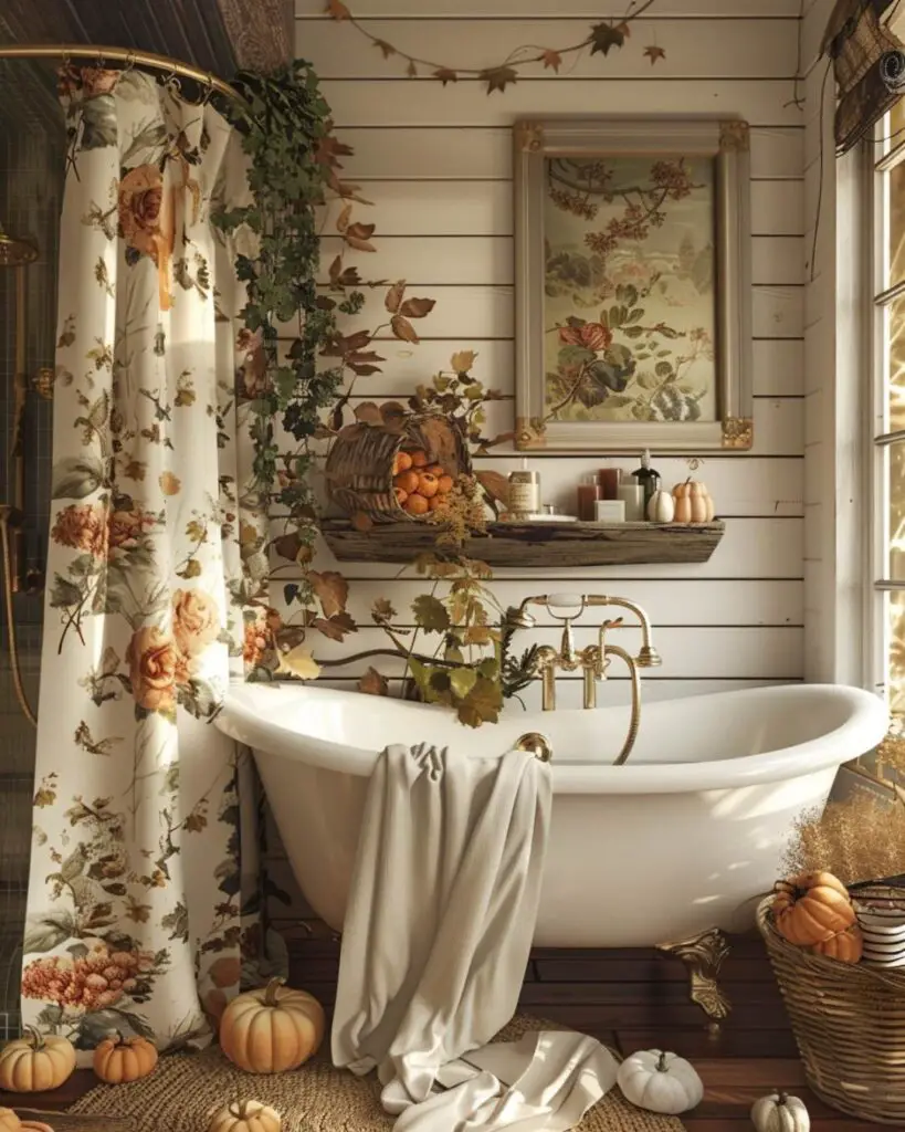 Rustic bathroom decorated with wreath, woven elements and wood cabinet.