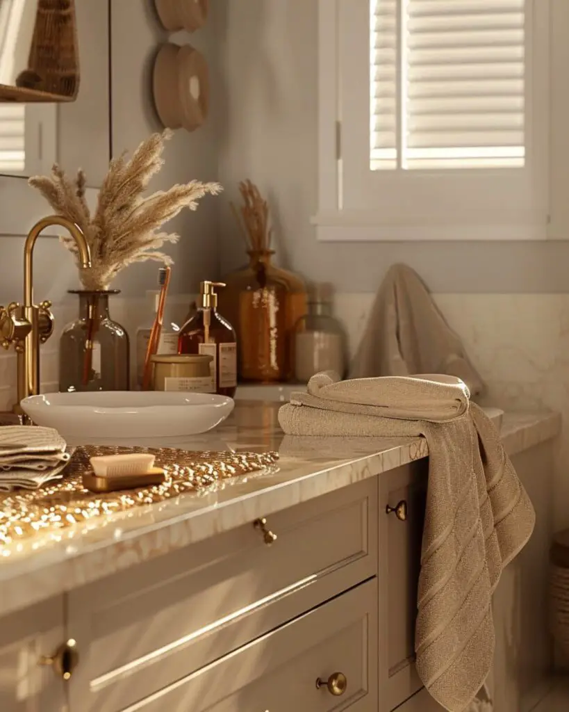 Autumn bathroom featuring pumpkin candle, woven basket and patterned walls.