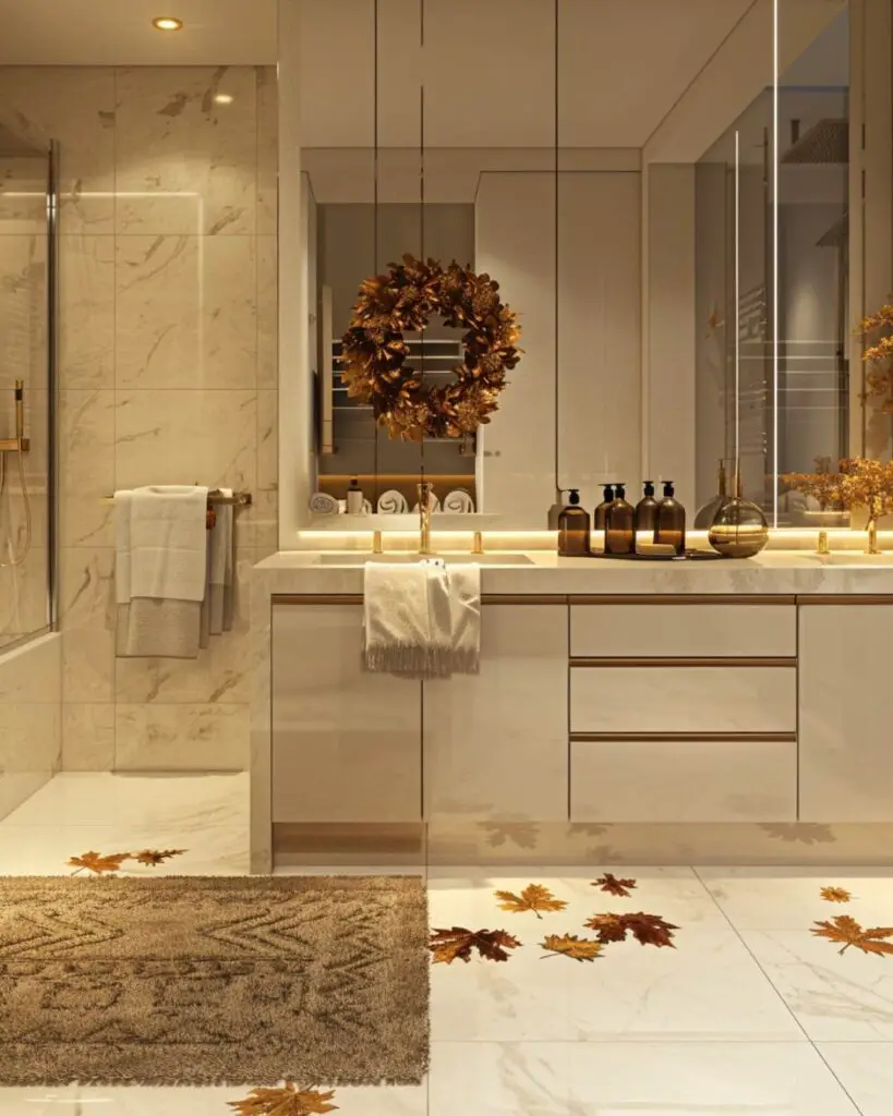 Rustic bathroom decorated with woven basket and wreath of fruit.