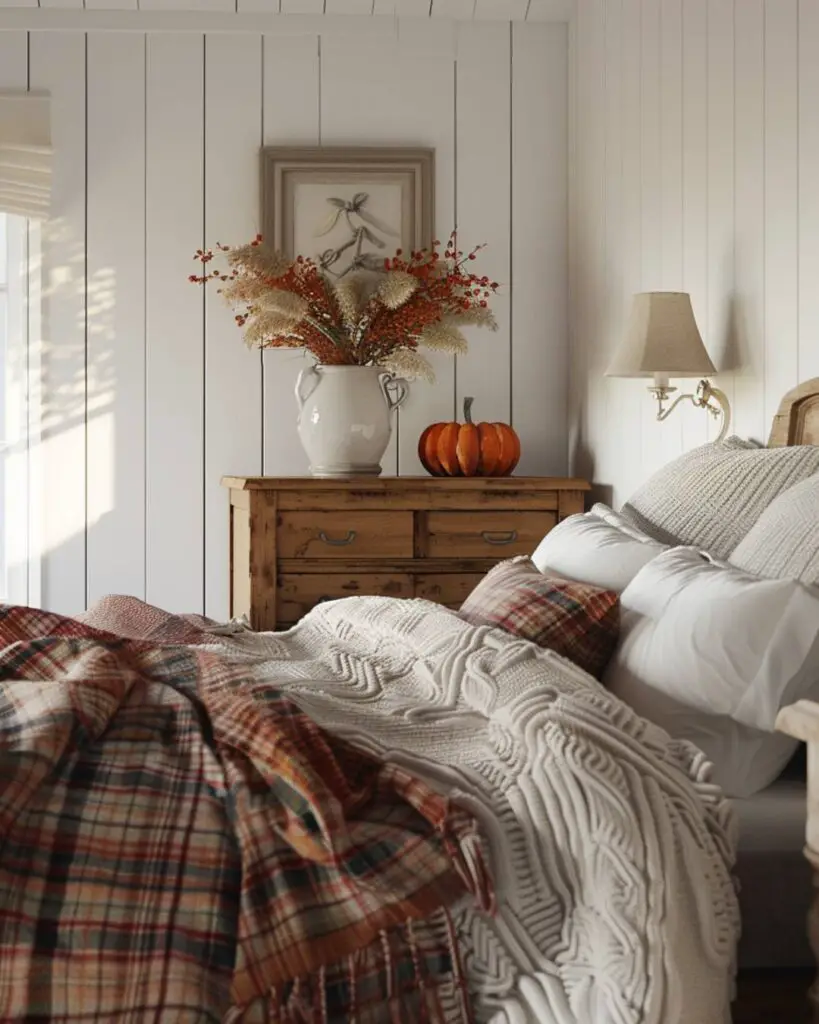 An autumn room shelters evening among seasonal details by dim lamplight.