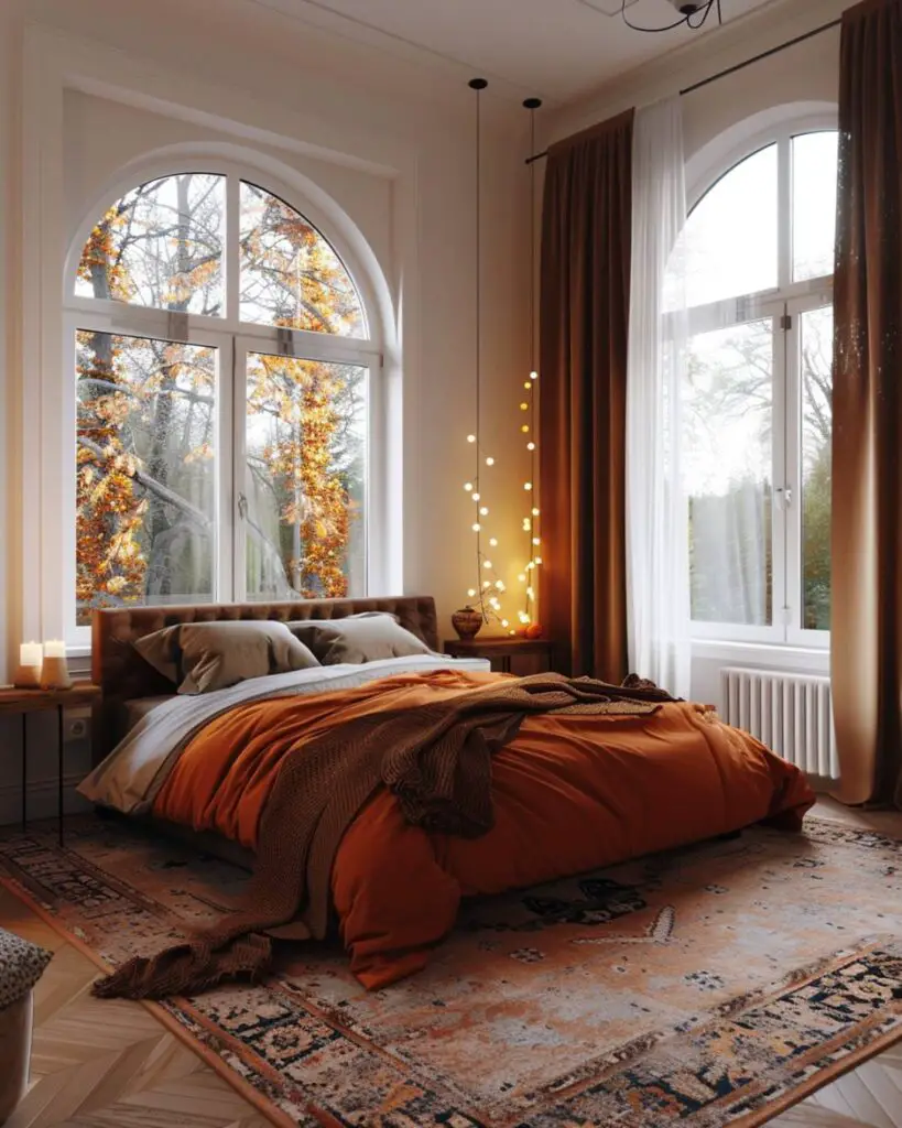 A cozy bedroom decorated with dried flowers, berries and a leaf wreath