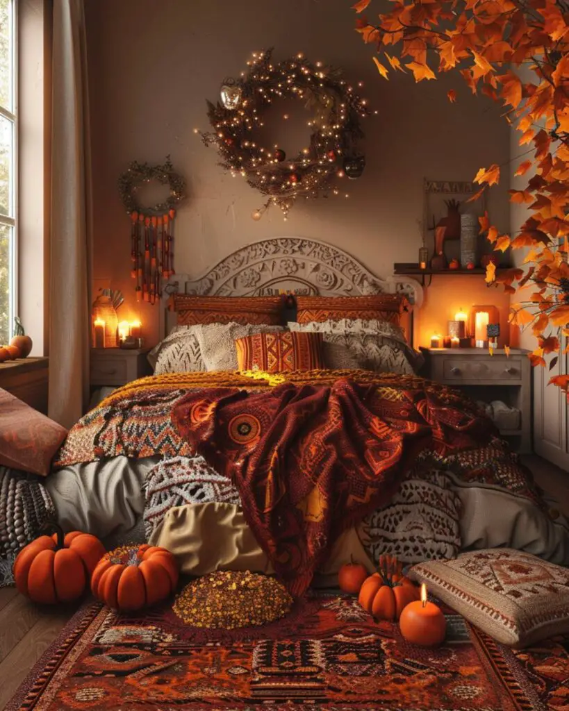 An autumn room shelters amid woven accents, wood details and nature's fading gifts softly lit