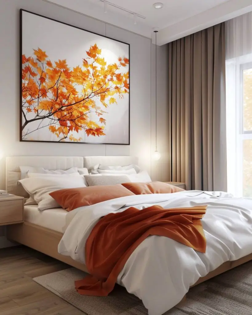 An autumn bedroom shelters amid woven layers and drying blooms softly lit.