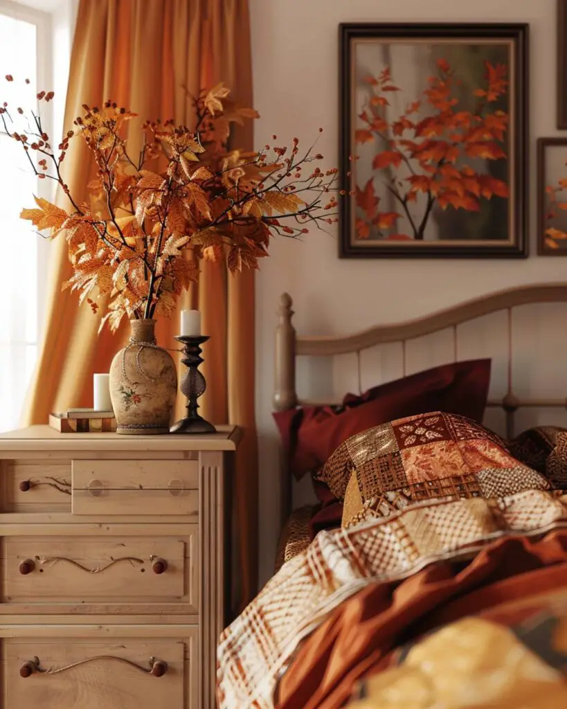 An autumnal bedroom holds dried gifts and nostalgic textures for restful remembrance.