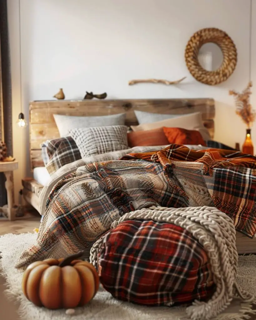 A bedroom decorated with an autumnal pumpkin, plaid bedding