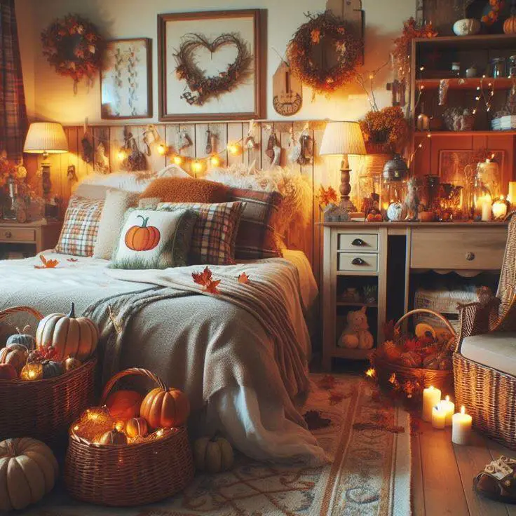 Cozy autumn bedroom with pumpkins and lights