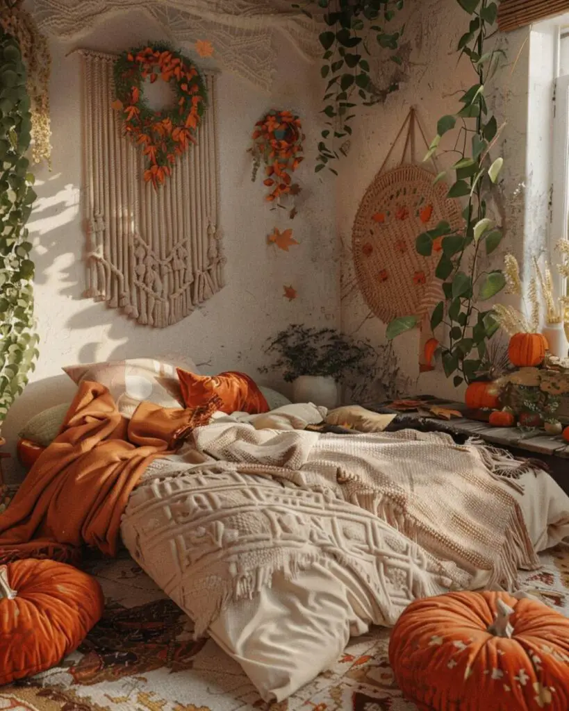 An autumn bedroom finds comfort amongst rustic textures, leaves and string lights.