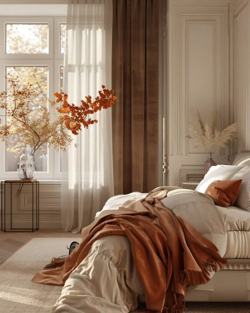 An autumn bedroom shelters amid woven layers and drying blooms dimly aglow.