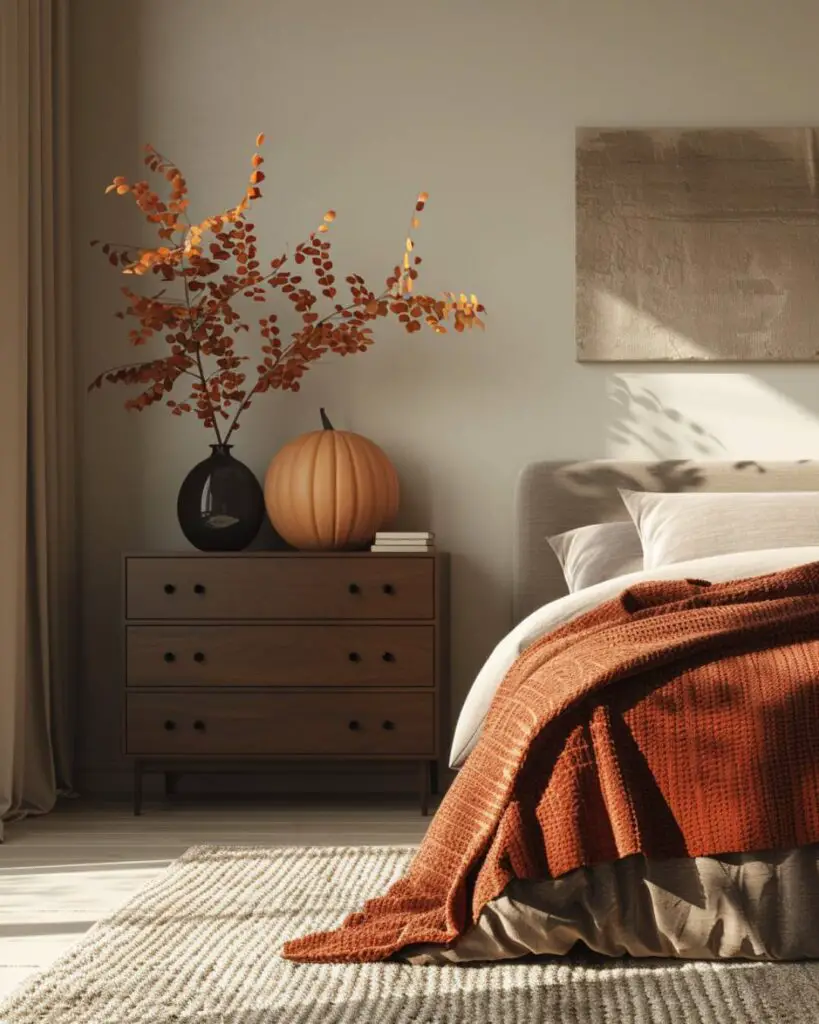 A bedroom sinks into autumn's fading light among natural elements.