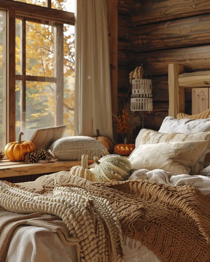 An autumn bedroom sinks into slumber amongst drifts of natural elements.