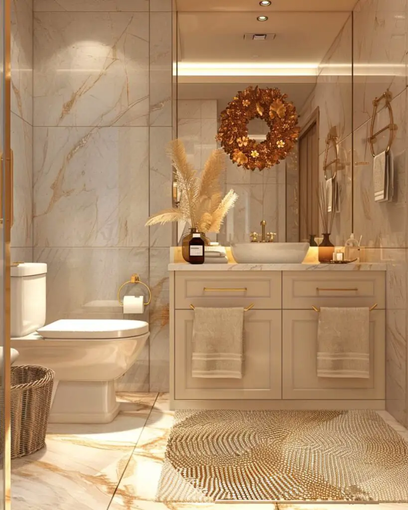 Rustic bathroom featuring autumn wreath, wood cabinet and woven basket.