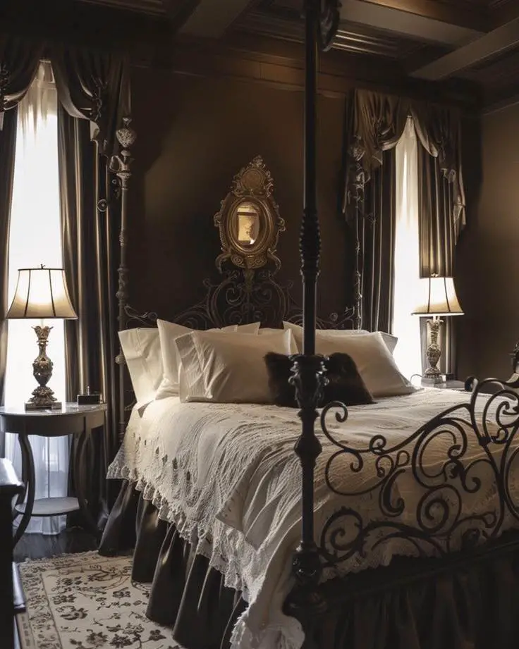 Gothic Victorian bedroom with ornate iron bed.