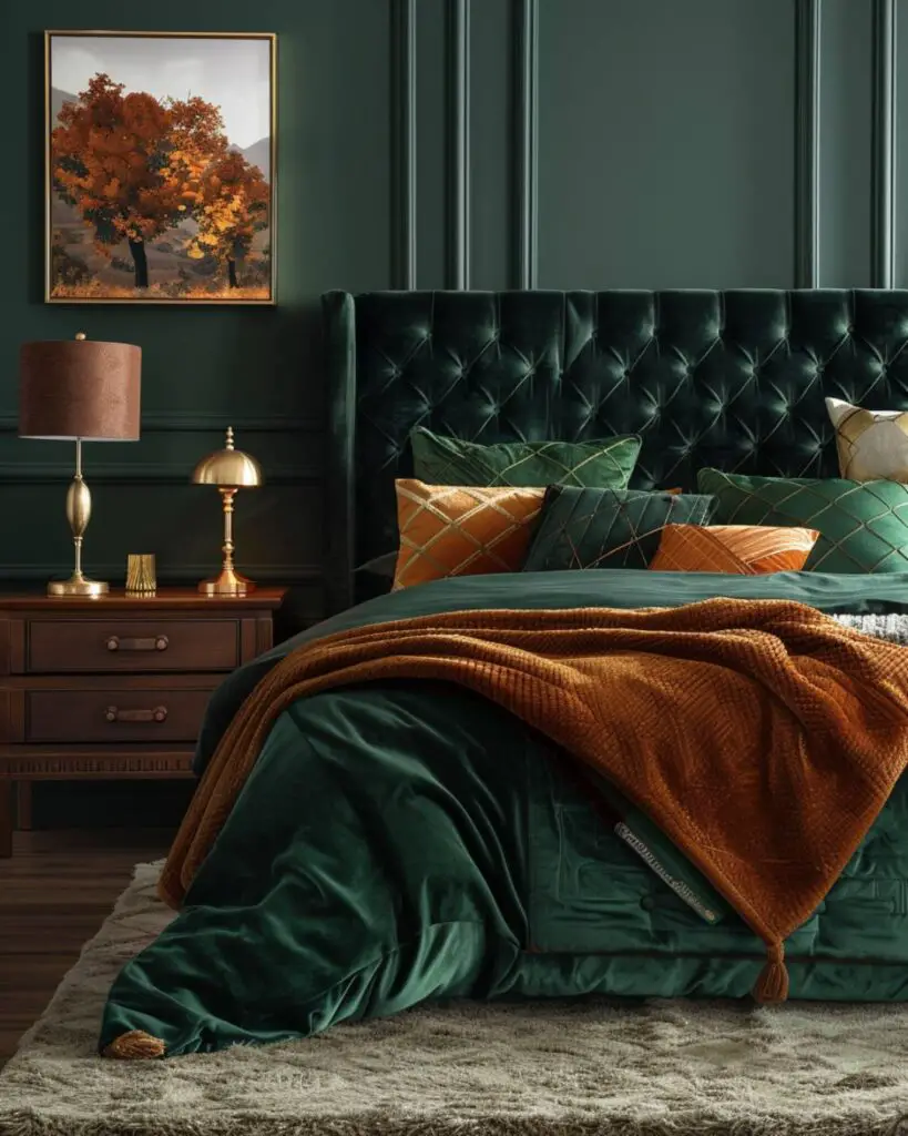 A bedroom draped in forest greenery welcomes cozy relaxation.
