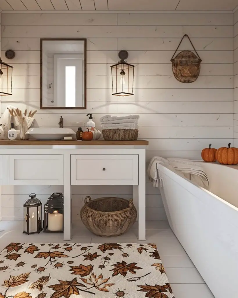Decorated bathroom featuring wooden shelves, woven basket and candles