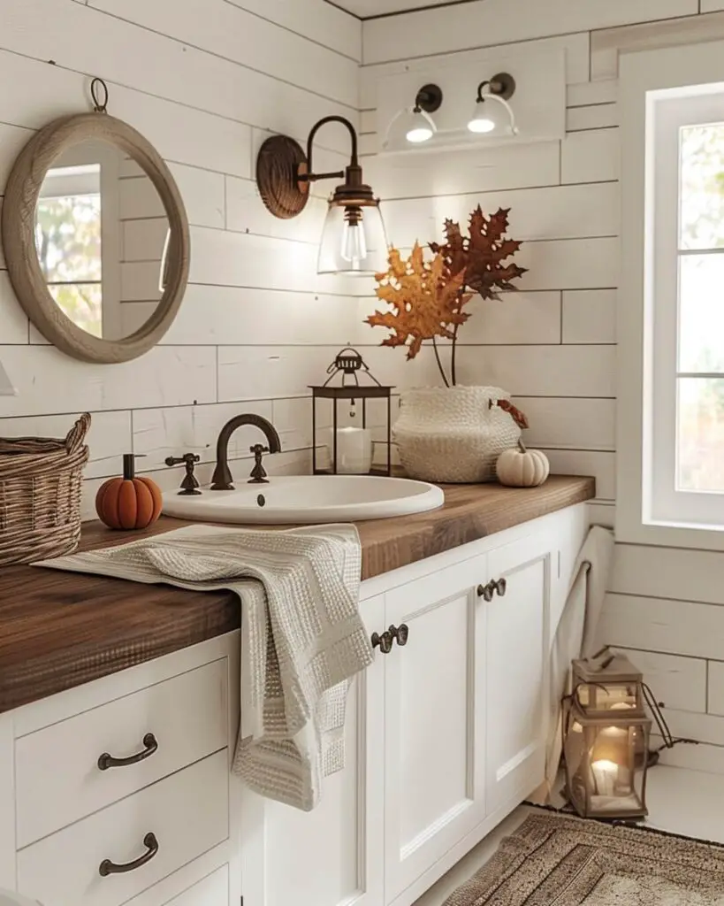 Rustic bathroom featuring pumpkin wreath, woven basket and candle light.