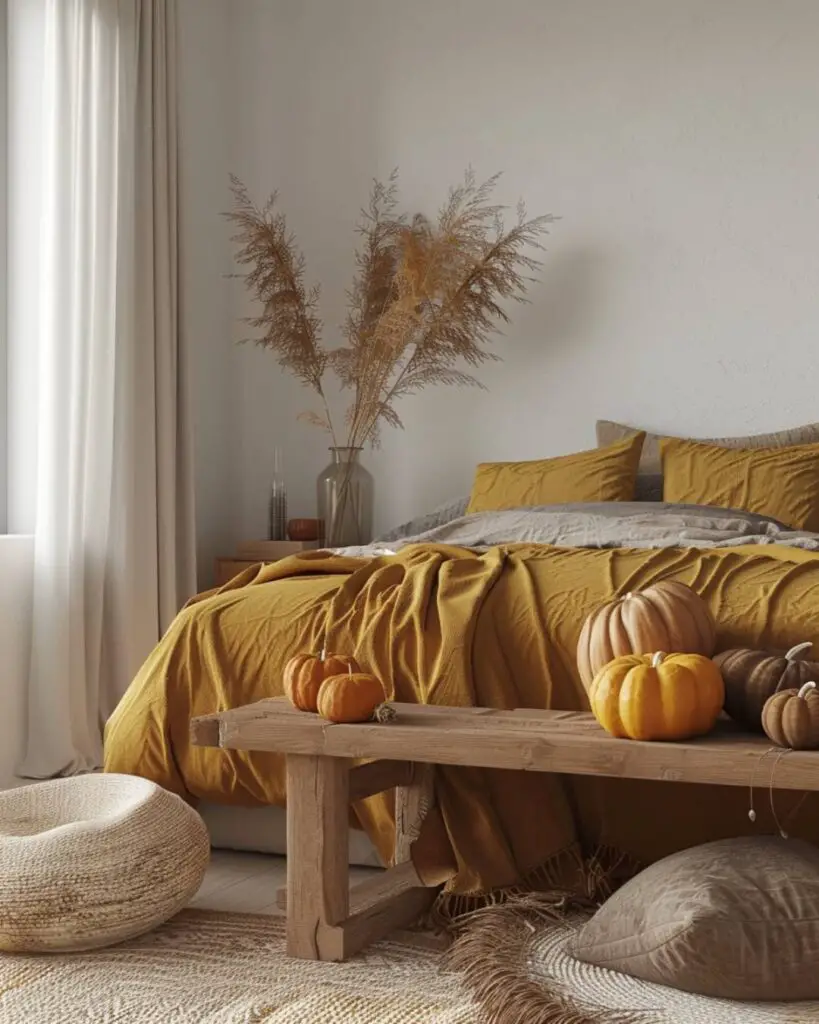 An autumn bedroom finds balance in wood, light, and earthy seasonal touches.