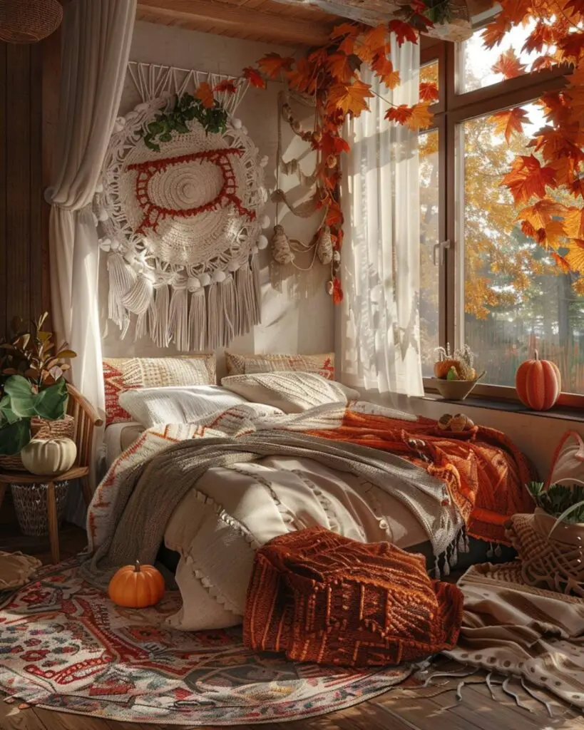 An autumn bedroom finds comfort in rustic elements and string light ambiance.