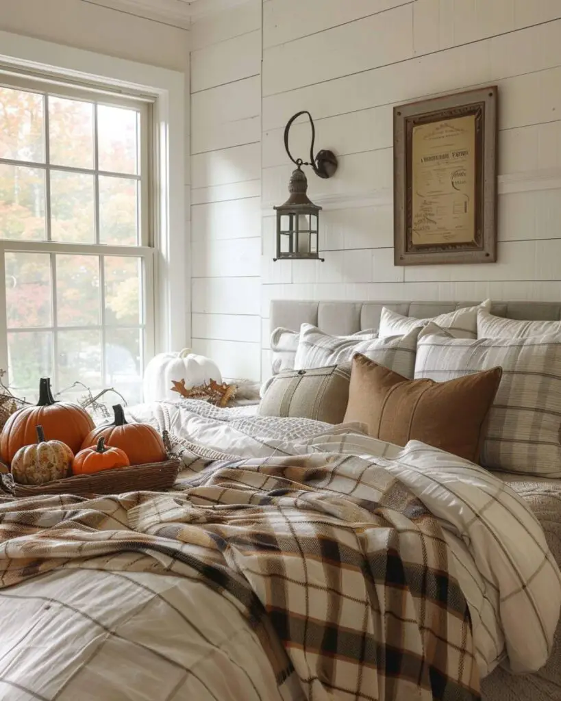 A bedroom finds autumn comfort in plaid linens, harvest picks and low lamplight.